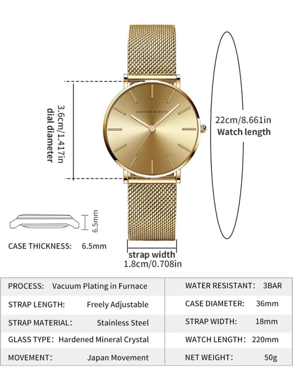 Luxury Vintage Gold Watch for Women, 36mm Round Case, Stainless Steel Band